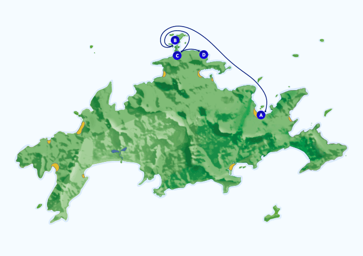 Mapa com roteiro de passeio náutico para a Lagoa Azul partindo de Abraão.
