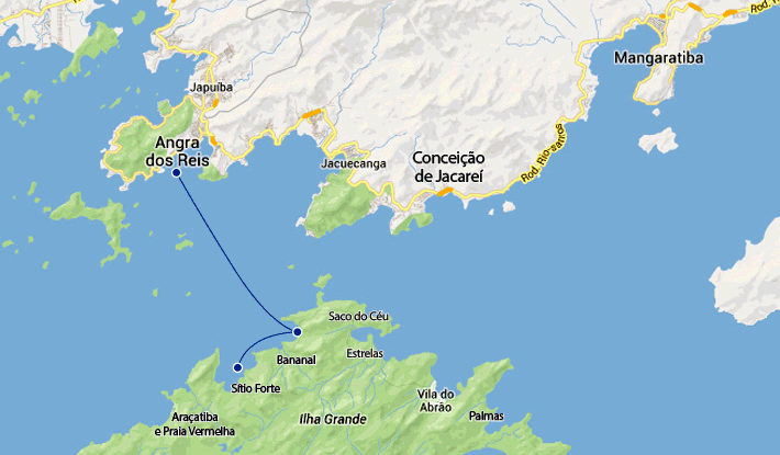 Mapa rotas marítimas entre Angra dos Reis, Bananal e Sítio Forte.