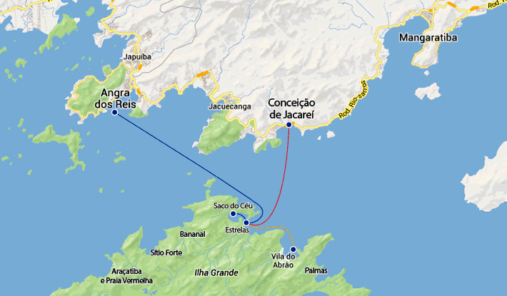 Mapa rotas marítimas entre Angra dos Reis / Conceição de Jacarei e enseada das Estrelas, saco do Céu.